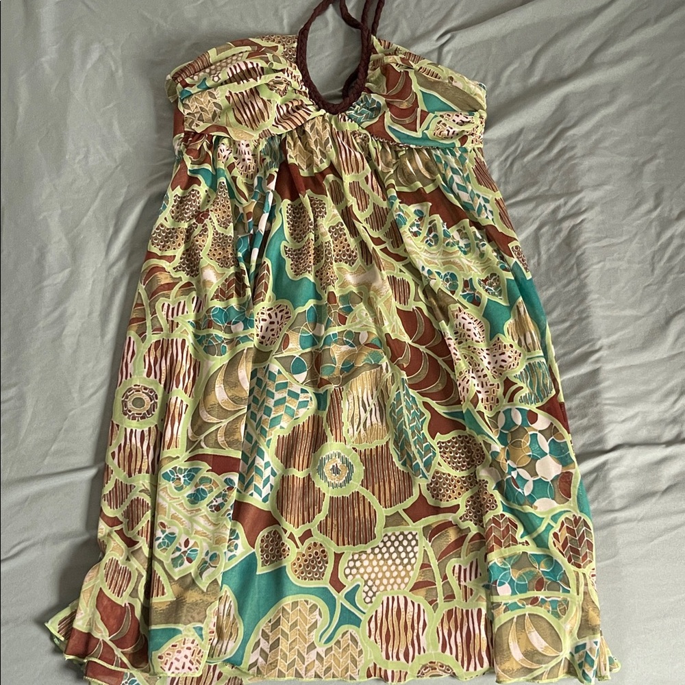 Printed Halter Sundress in Teal, Brown & Cream